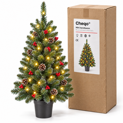 infographic opus55 verpakking - Cheqo® Mini Kerstboom 90 cm met Witte Naaldpuntjes en Verlichting Warm Wit