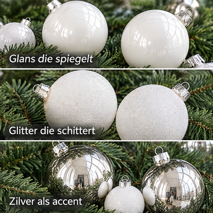 infographic opus55 infographic 3 - Cheqo® Kerstballen Set van 26 Wit en Zilver