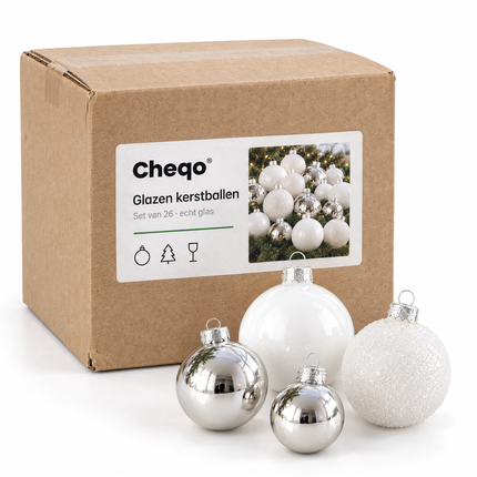 infographic opus55 verpakking - Cheqo® Kerstballen Set van 26 Wit en Zilver
