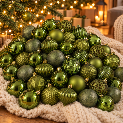 infographic opus55 hoofdafbeelding - Cheqo® Kerstballen Set van 60 Olijfgroen