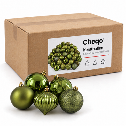 infographic opus55 verpakking - Cheqo® Kerstballen Set van 60 Olijfgroen