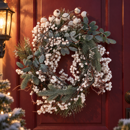 infographic opus55 hoofdafbeelding - Cheqo® Kerstkrans 40 cm met Witte Bessen en Dennenappels
