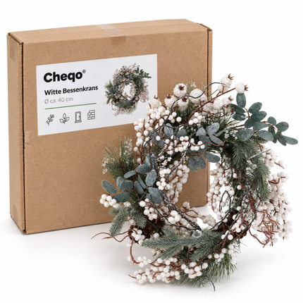 infographic opus55 verpakking - Cheqo® Kerstkrans 40 cm met Witte Bessen en Dennenappels