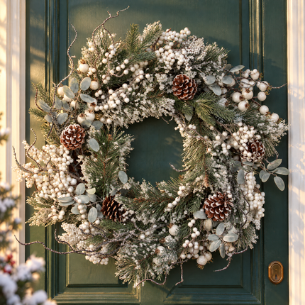 infographic opus55 hoofdafbeelding - Cheqo® Kerstkrans 50 cm met Witte Bessen en Dennenappels