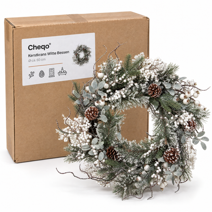 infographic opus55 verpakking - Cheqo® Kerstkrans 50 cm met Witte Bessen en Dennenappels