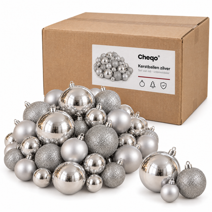 infographic opus55 verpakking - Cheqo® Kerstballen Set van 46 Zilver
