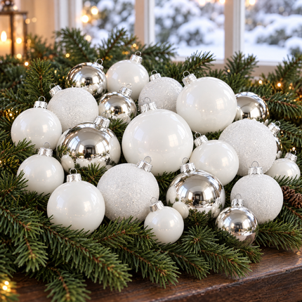 infographic opus55 hoofdafbeelding - Cheqo® Kerstballen Set van 42 Wit en Zilver