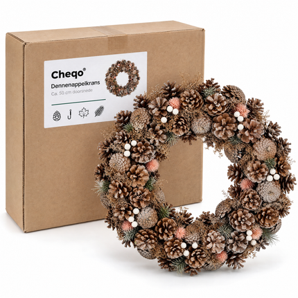 infographic opus55 verpakking - Cheqo® Kerstkrans 50 cm van Dennenappels met Perzik Accenten