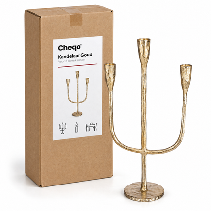 infographic opus55 verpakking - Cheqo® Kandelaar Goud voor 3 Dinerkaarsen