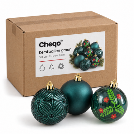 infographic opus55 verpakking - Cheqo® Kerstballen Set van 9 Groen