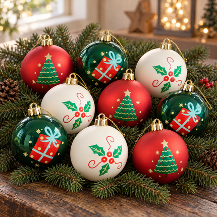 infographic opus55 hoofdafbeelding - Cheqo® Kerstballen Set van 9 Rood, Wit en Groen