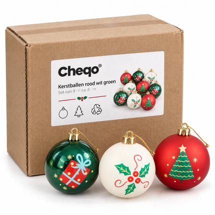 infographic opus55 verpakking - Cheqo® Kerstballen Set van 9 Rood, Wit en Groen