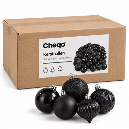 infographic opus55 verpakking - Cheqo® Kerstballen Set van 60 Zwart
