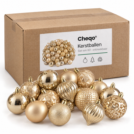 infographic opus55 verpakking - Cheqo® Kerstballen Set van 60 Champagne