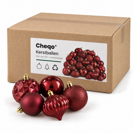 infographic opus55 verpakking - Cheqo® Kerstballen Set van 60 Donkerrood