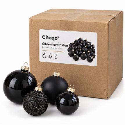 infographic opus55 verpakking - Cheqo® Kerstballen Set van 26 Zwart