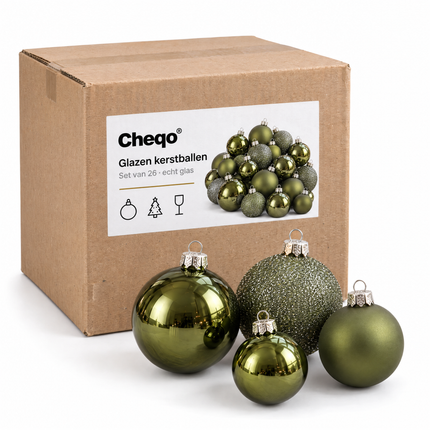 infographic opus55 verpakking - Cheqo® Kerstballen Set van 26 Groen