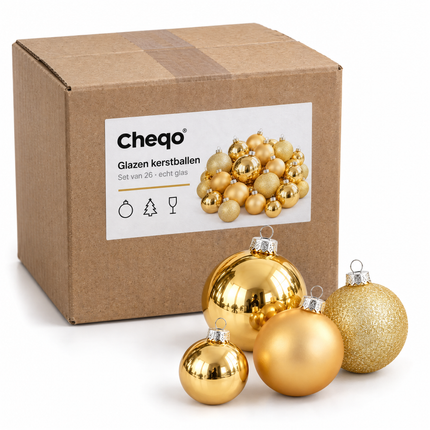 infographic opus55 verpakking - Cheqo® Kerstballen Set van 26 Goud