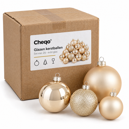 infographic opus55 verpakking - Cheqo® Kerstballen Set van 26 Champagne
