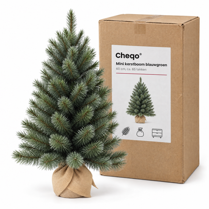 infographic opus55 verpakking - Cheqo® Mini Kerstboom 60 cm met Witte Naaldpuntjes zonder Verlichting