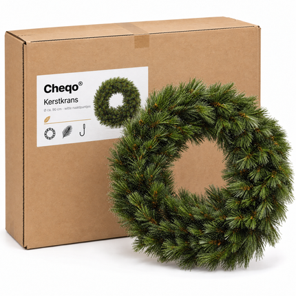 infographic opus55 verpakking - Cheqo® Kerstkrans 90 cm met Witte Naaldpuntjes zonder Verlichting