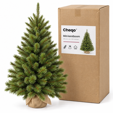 infographic opus55 verpakking - Cheqo® Mini Kerstboom 90 cm met Witte Naaldpuntjes zonder Verlichting