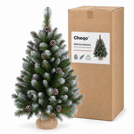 infographic opus55 verpakking - Cheqo® Mini Kerstboom 90 cm met Witte Naaldpuntjes en Dennenappels
