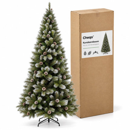 infographic opus55 verpakking - Cheqo® Kunstkerstboom 185 cm met Witte Naaldpuntjes en Dennenappels
