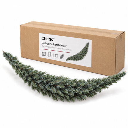 infographic opus55 verpakking - Cheqo® Kerstslinger 180 cm Blauw Gebogen met Witte Puntjes