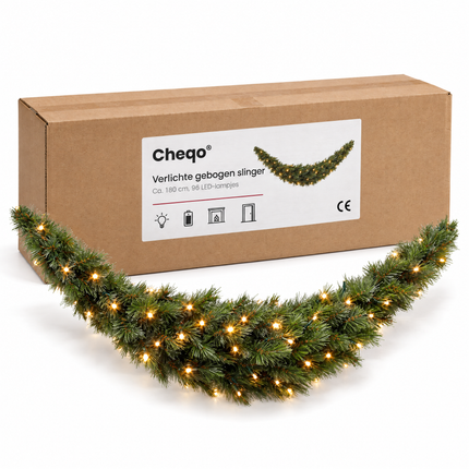 infographic opus55 verpakking - Cheqo® Kerstslinger 180 cm Groen Gebogen met Witte Puntjes en 96 LED Warm Wit