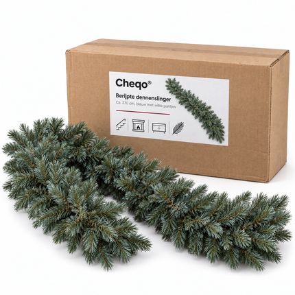 infographic opus55 verpakking - Cheqo® Kerstslinger 270 cm Blauw met Witte Puntjes