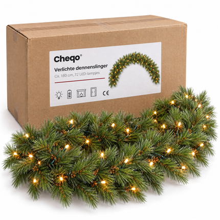 infographic opus55 verpakking - Cheqo® Kerstslinger 180 cm Groen met Witte Puntjes en 72 LED Warm Wit