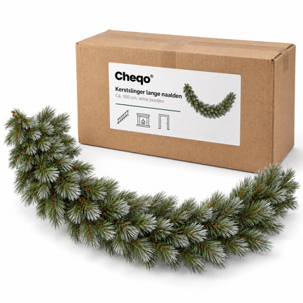 infographic opus55 verpakking - Cheqo® Kerstslinger 180 cm met Lange Naalden en Witte Puntjes