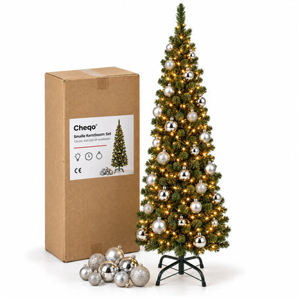 infographic opus55 verpakking - Cheqo® Smalle Kunstkerstboom 120 cm met Verlichting en Kerstballen