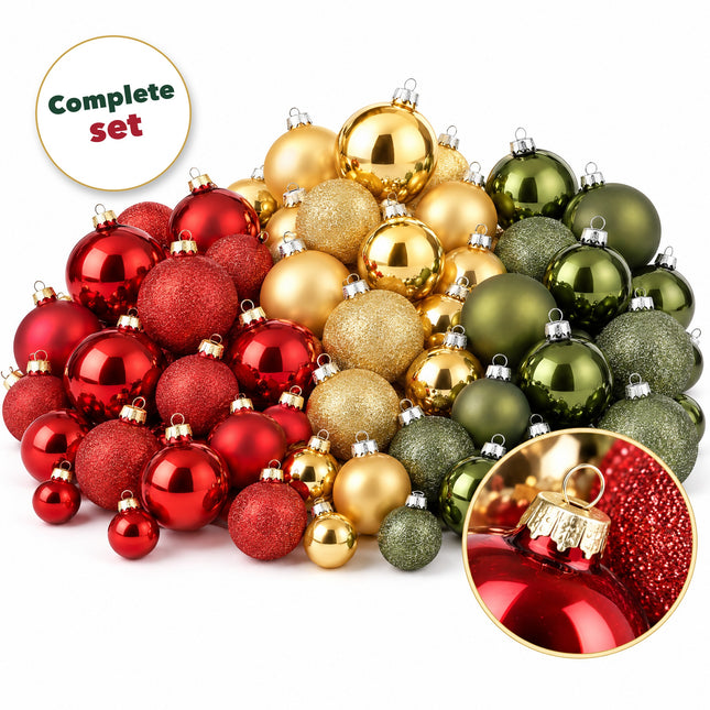 infographic opus55 hoofdafbeelding - Cheqo® 78 Glazen Kerstballen Rood, Goud en Groen