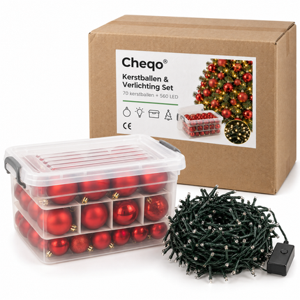 infographic opus55 verpakking - Cheqo® Rode Kerstballen met Opbergbox en Kerstverlichting Extra Warm Wit