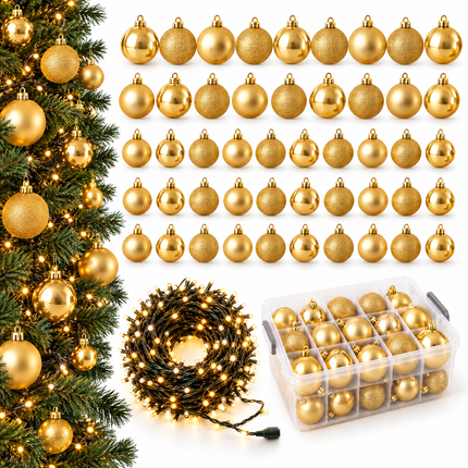 infographic opus55 hoofdafbeelding - Cheqo® Gouden Kerstballen met Opbergbox en Kerstverlichting Warm en Extra Warm Wit