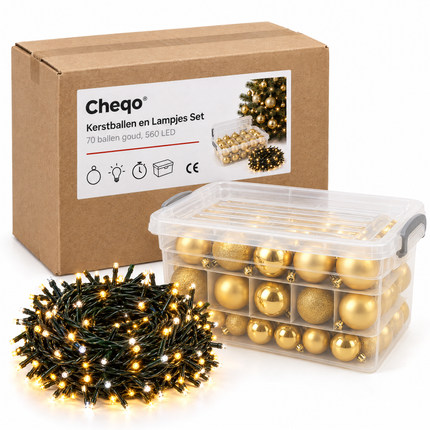 infographic opus55 verpakking - Cheqo® Gouden Kerstballen met Opbergbox en Kerstverlichting Warm en Extra Warm Wit