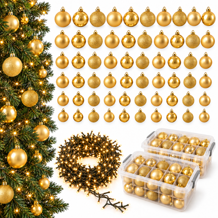 infographic opus55 hoofdafbeelding - Cheqo® Gouden Kerstballen 140 Stuks met Clusterverlichting 700 LED Extra Warm Wit