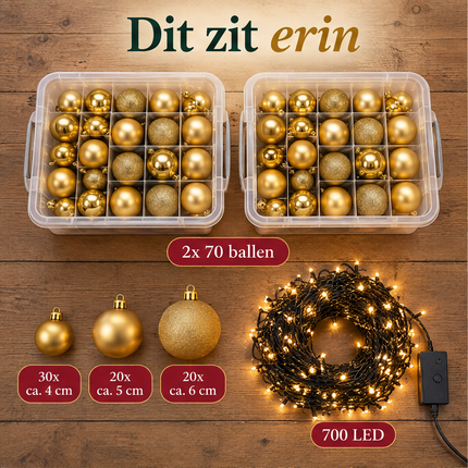 infographic opus55 infographic 1 - Cheqo® Gouden Kerstballen 140 Stuks met Clusterverlichting 700 LED Extra Warm Wit