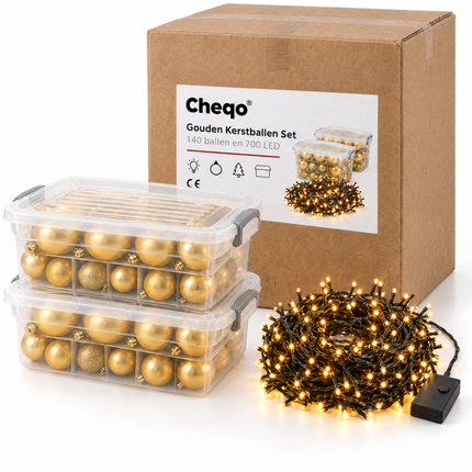 infographic opus55 verpakking - Cheqo® Gouden Kerstballen 140 Stuks met Clusterverlichting 700 LED Extra Warm Wit