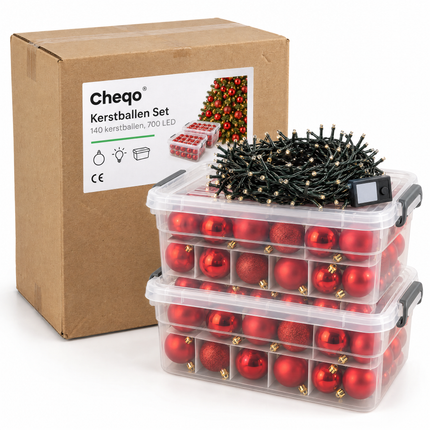 infographic opus55 verpakking - Cheqo® Rode Kerstballen 140 Stuks met Clusterverlichting 700 LED Extra Warm Wit