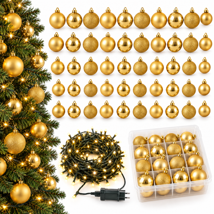 infographic opus55 hoofdafbeelding - Cheqo® Gouden Kerstballen 70 Stuks met Kerstverlichting 240 LED Extra Warm Wit