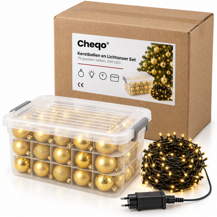 infographic opus55 verpakking - Cheqo® Gouden Kerstballen 70 Stuks met Kerstverlichting 240 LED Extra Warm Wit