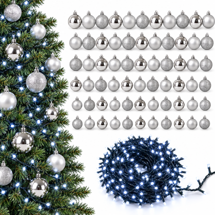 infographic opus55 hoofdafbeelding - Cheqo® Clusterverlichting 560 LED Wit met 88 Zilveren Kerstballen