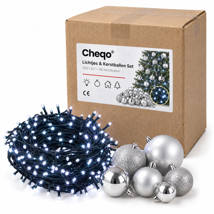 infographic opus55 verpakking - Cheqo® Clusterverlichting 560 LED Wit met 88 Zilveren Kerstballen