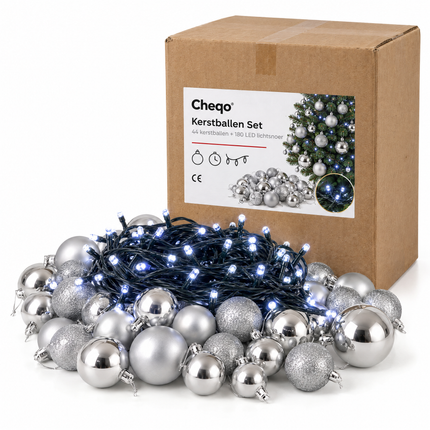 infographic opus55 verpakking - Cheqo® Kerstballen Zilver met Kerstverlichting 180 LED Wit
