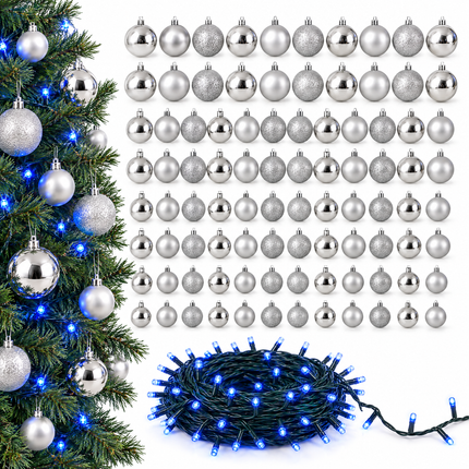 infographic opus55 hoofdafbeelding - Cheqo® Kerstverlichting 240 LED Blauw met 88 Zilveren Kerstballen