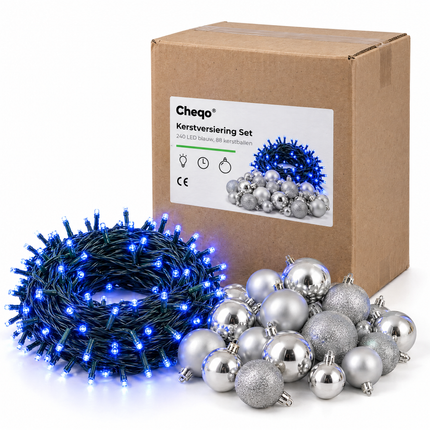 infographic opus55 verpakking - Cheqo® Kerstverlichting 240 LED Blauw met 88 Zilveren Kerstballen