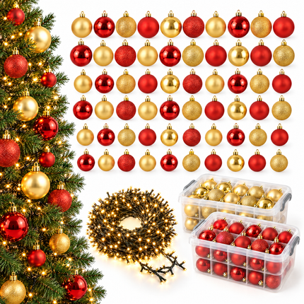 infographic opus55 hoofdafbeelding - Cheqo® Kerstballen Rood en Goud 140 Stuks met Clusterverlichting 700 LED Extra Warm Wit